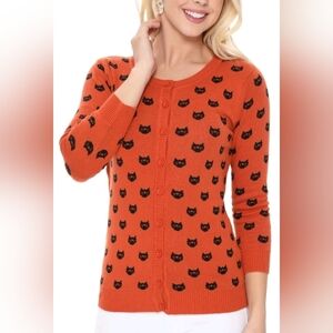Ye MAK Cardigan Sweater Cat Print Orange Black Women's Size L NWT Halloween